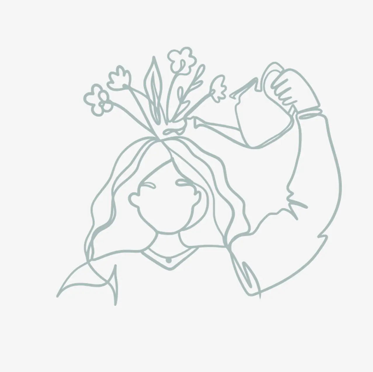 Line art of a woman watering flowers growing from her head.