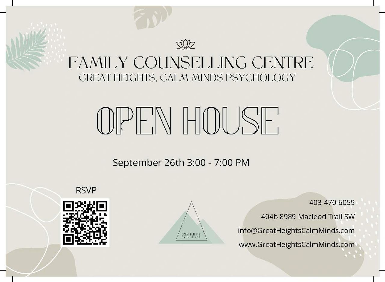 Family Counselling Centre open house event poster with date and RSVP info.