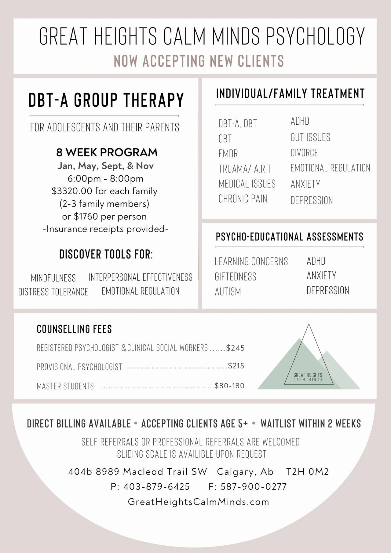Flyer for DBT-A group therapy and individual therapy options with details and contact info.