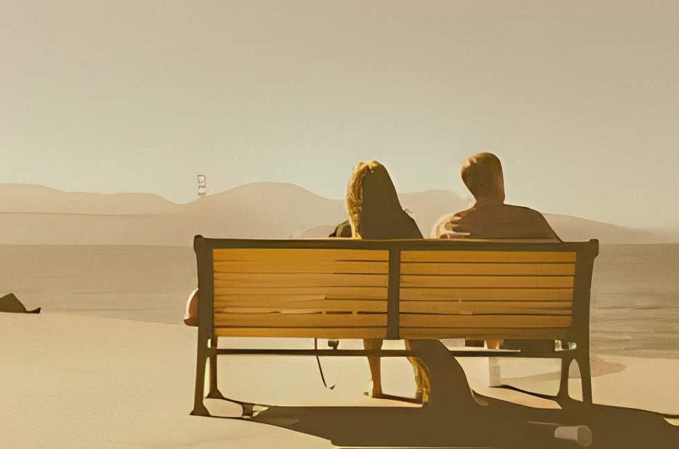 Romantic seaside view with bench