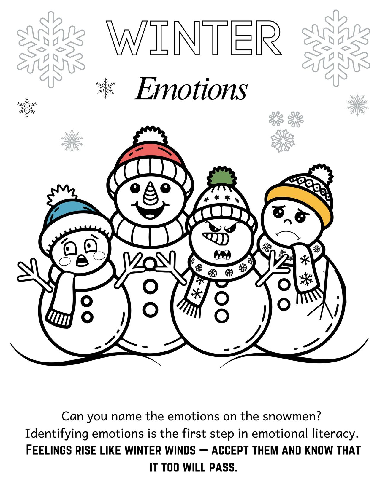 Snowmen showing different emotions with distinct facial expressions and hats.