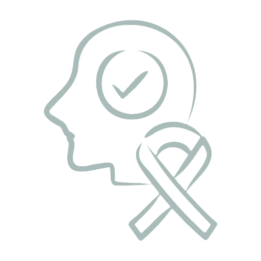 Icon of a head with a checkmark and awareness ribbon.